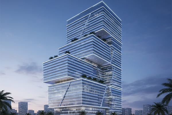 A metal facade with futuristic lighting effects at night